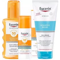 Eucerin Sun Gel-Cream Oil Control Dry Touch SPF50+ 50 ml + läpinäkyvä aurinkosuihke SPF50+ 200 ml + After Sun Sensitive Relief 150 ml